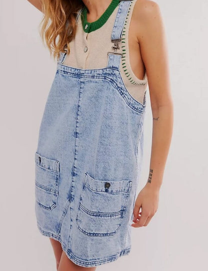 Washed Pockets Denim Mini Overalls Dress