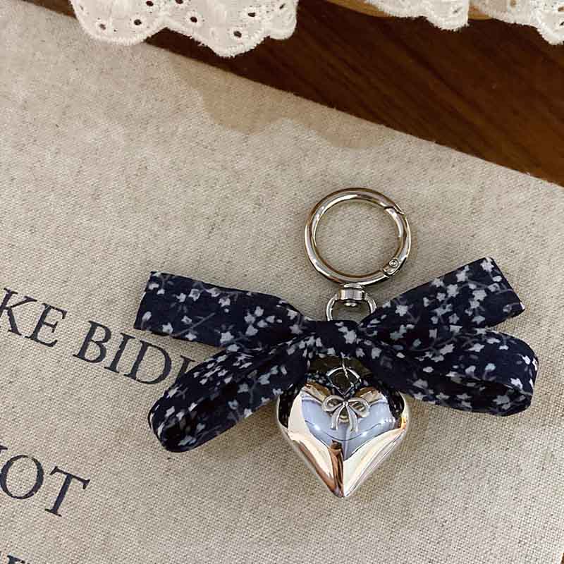 Elegant Floral Print Bow Heart Keychain Charms