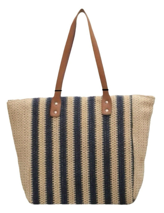 Striped Large Capacity Woven Shoulder Tote Bag