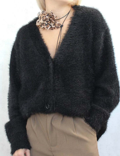 Fashion V-Neck Long Sleeve Fuzzy Knit Cardigan