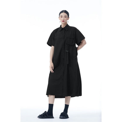 Simple Collar Pocket Shirt Dress Loose Sleeve