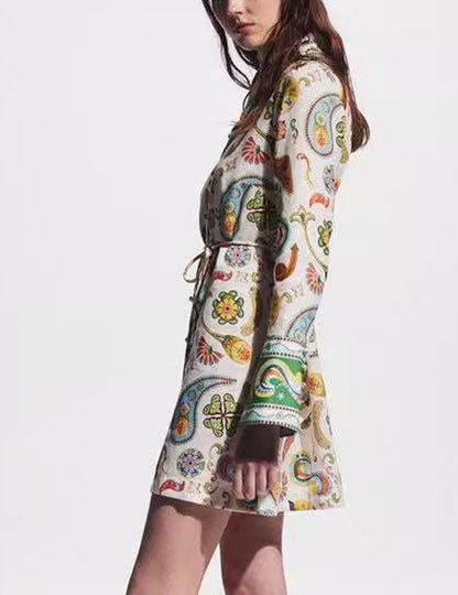 Lapel Floral Print String Waist Mini Dress