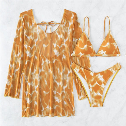 Split Three Piece Tie-Dye Printed Bikini Swimsuit