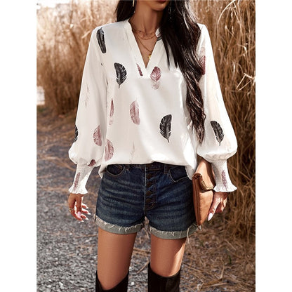 Long Sleeves V-Neck Printing Casual Loose Pullover Blouse Top
