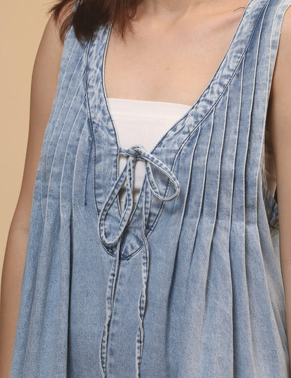 Sleeveless String Tie Loose Denim Short Jumpsuit