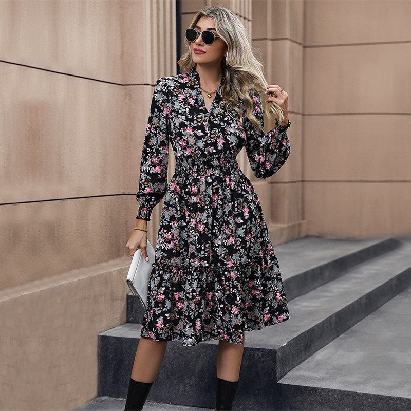 Long Sleeves V-Neck Floral Printed A-Line Dress