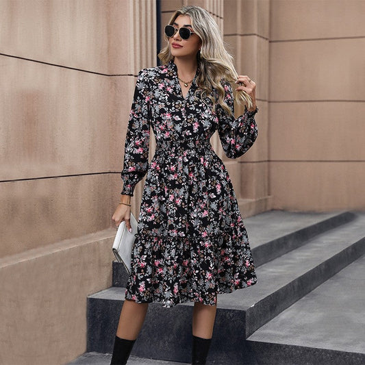 Long Sleeves V-Neck Floral Printed A-Line Dress