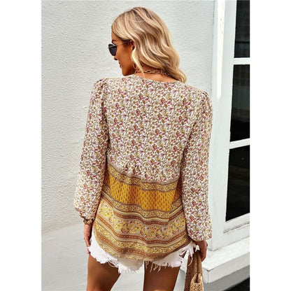 Long Sleeves V-Neck Printing Boho Blouse Top