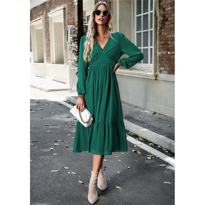 High Waist Solid Color V-Neck Dress