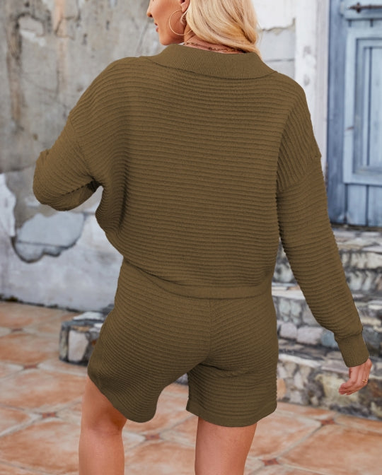 Solid Color V-Neck Sweater Loose Short Knit Set