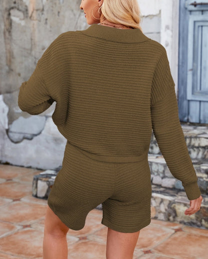 Solid Color V-Neck Sweater Loose Short Knit Set