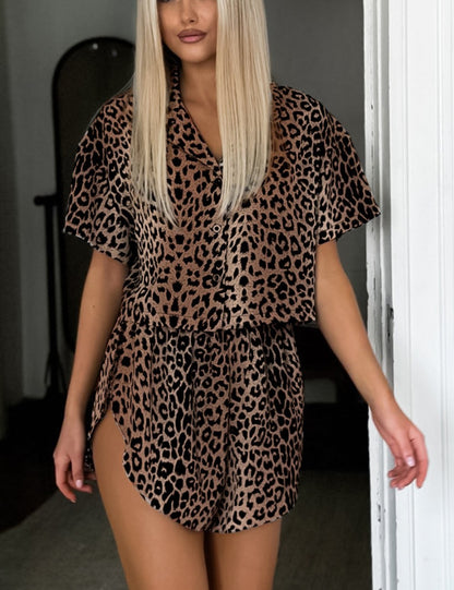 Leopard Print Lapel  Sleepwear Sets