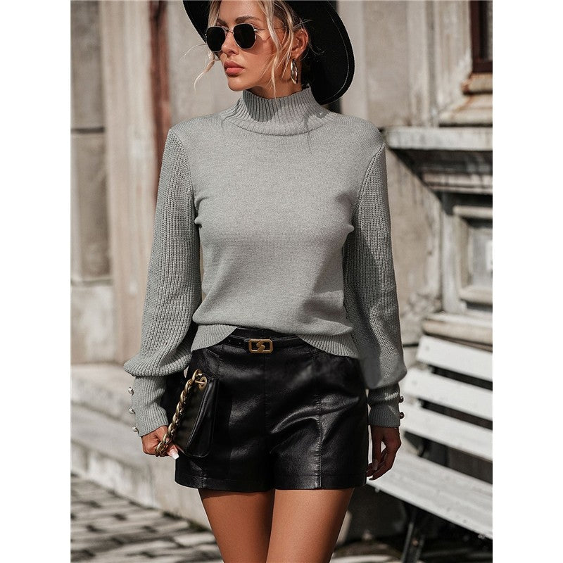 Solid Color Long Sleeve High Neck Casual Loose Pullover Knitted Sweater