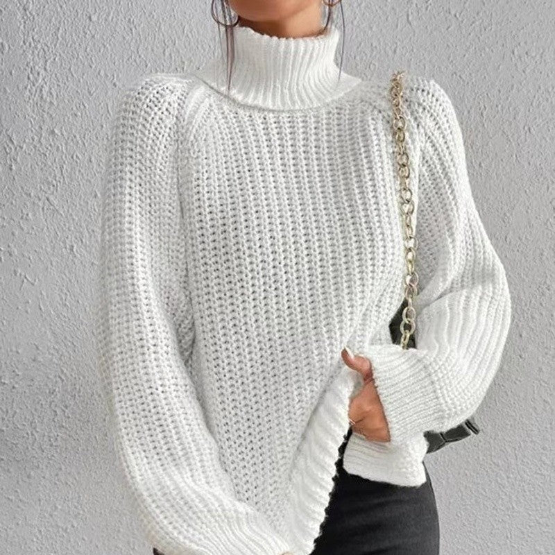 High Collar Raglan Sleeve Sweater Mid-Length Slit Hem Sweater