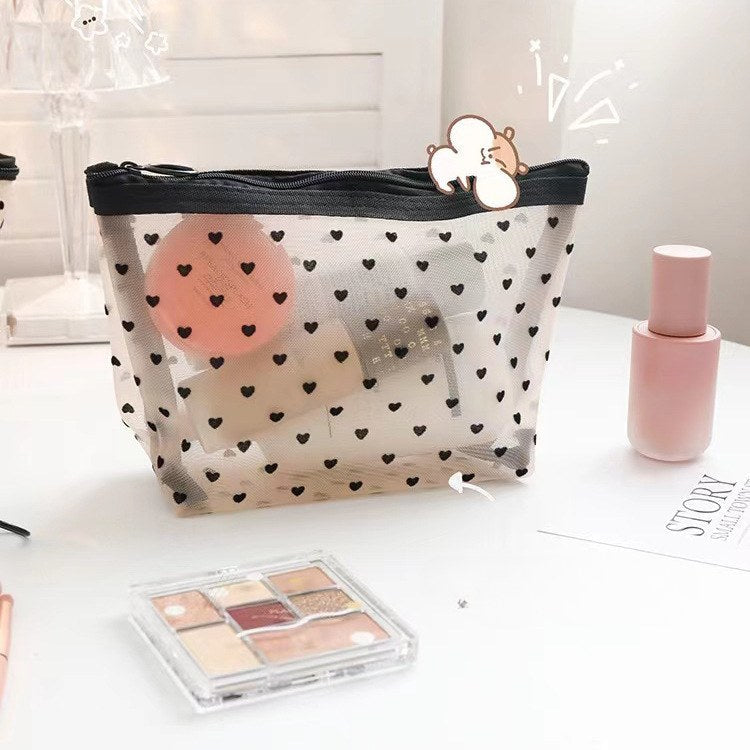 Love Print See Through Mesh Make Up Bag