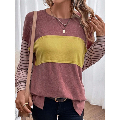 Round Neck Casual Striped Contrast Long-Sleeved T-Shirt