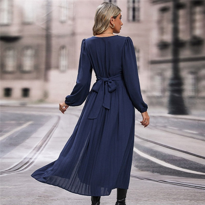 Women's V-Neck Waist Lantern Sleeve Dress