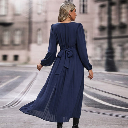 Women's V-Neck Waist Lantern Sleeve Dress
