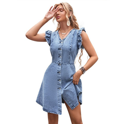 Fashionable, Casual And Resort-Style Short-Sleeved Buttoned V-Neck Denim Dress