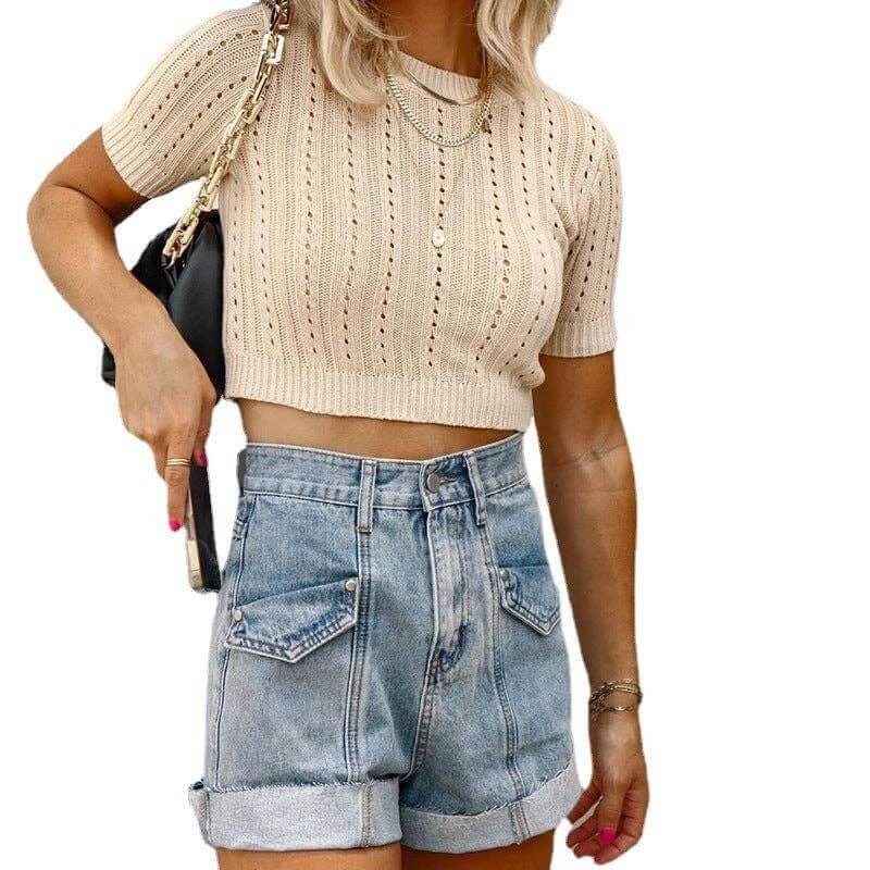 High Waist Demin Washed Shorts