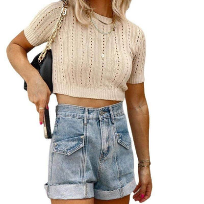 High Waist Demin Washed Shorts