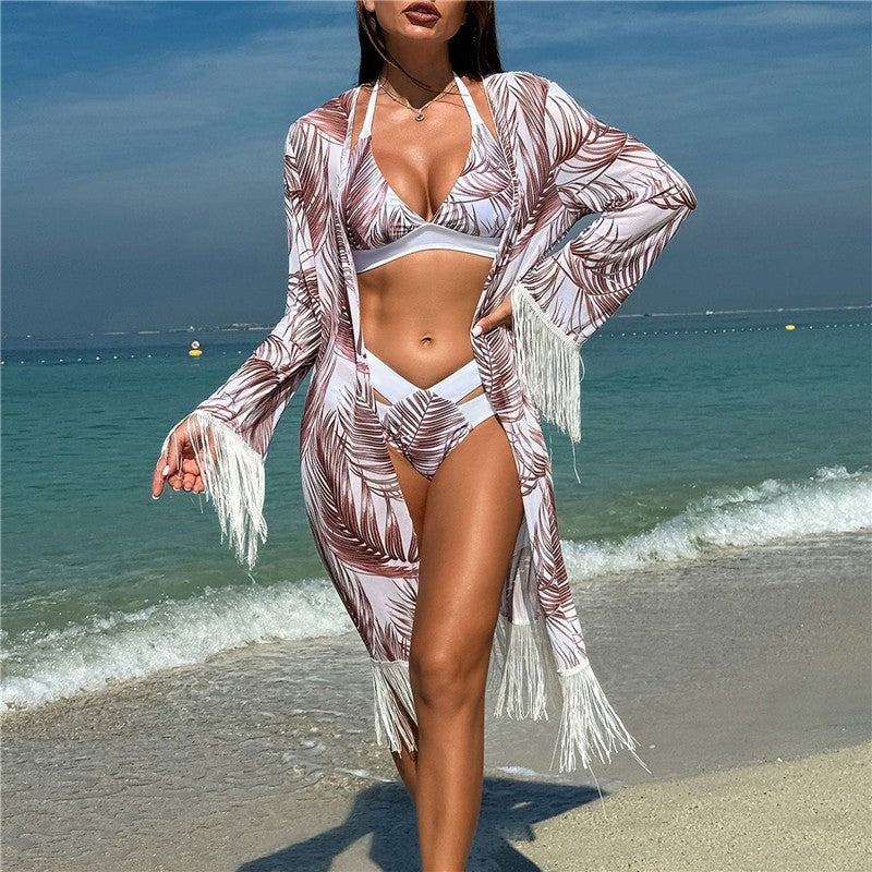 Three Piece Poncho Fringe Bikini Swimsuit