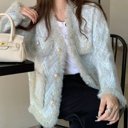 Elegant V-Neck Striped Long Sleeve Cardigan