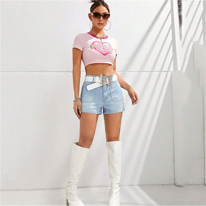 Classic Light Blue Buttoned Slimming High Waist Denim Shorts