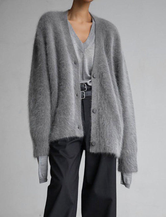 Fashion V-Neck Long Sleeve Fuzzy Knit Cardigan