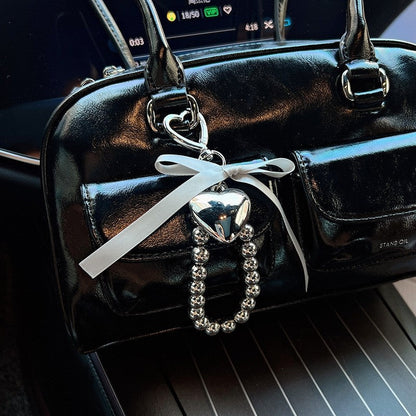 Creative Bow Silver Bead Heart Keychain