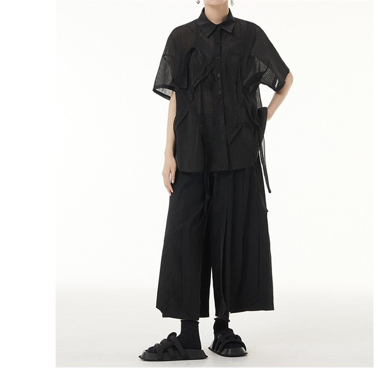 Solid Color Short Sleeve Shirt Collar See-Through Thin Casual Loose Blouse