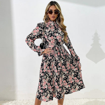 Printed Belted Half Turtleneck Dress With Petal Sleeves