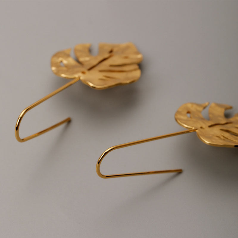 Gold Plated Monstera Leaf Drop Earrings