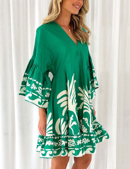 V-Neck Floral Print Flare Sleeves Mini Dress