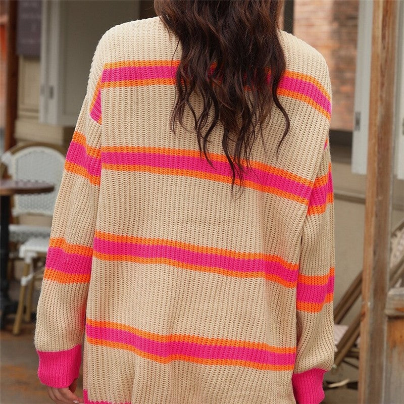 Long Striped Open Front Cardigan Sweater Casual Loose Fit