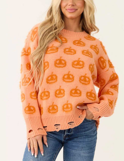 Halloween Pumpkin Ribbed Pullover Sweater