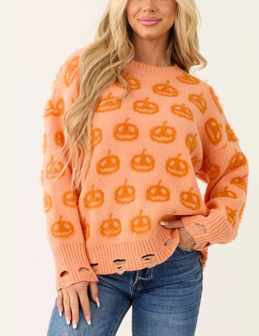 Halloween Pumpkin Ribbed Pullover Sweater