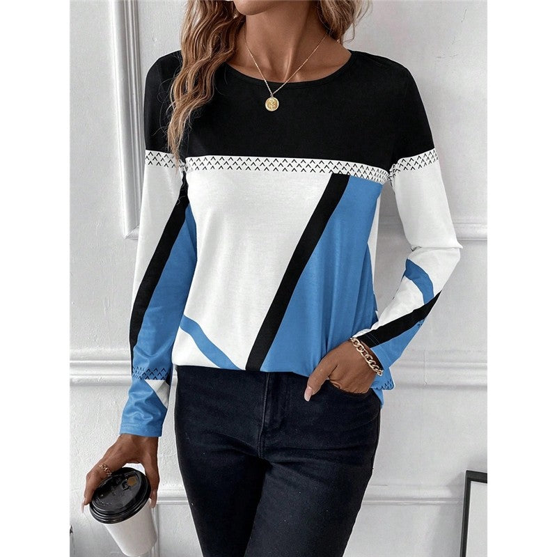 Round Neck Contrast Patchwork Geometric Print T-Shirt