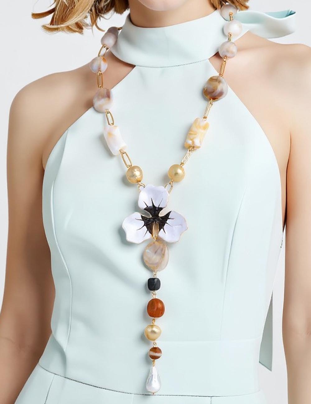 Elegant Enamel Flower Y Shaped Gold Necklace