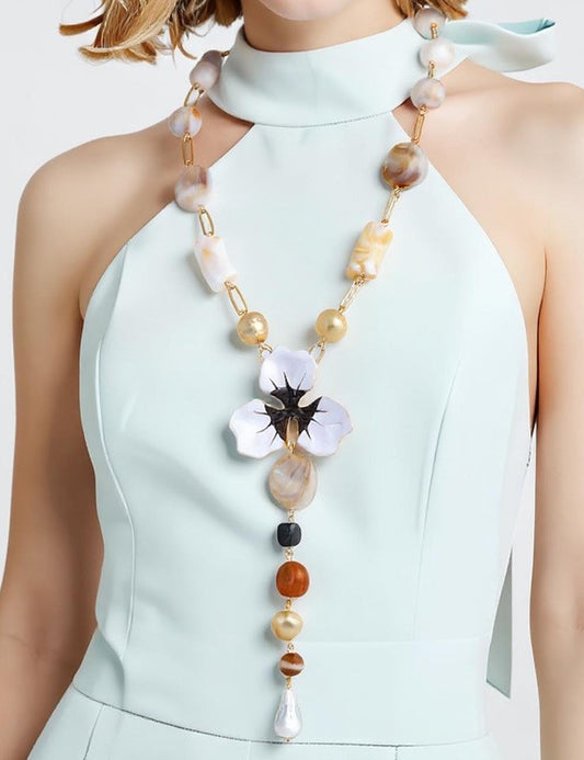 Elegant Enamel Flower Y Shaped Gold Necklace