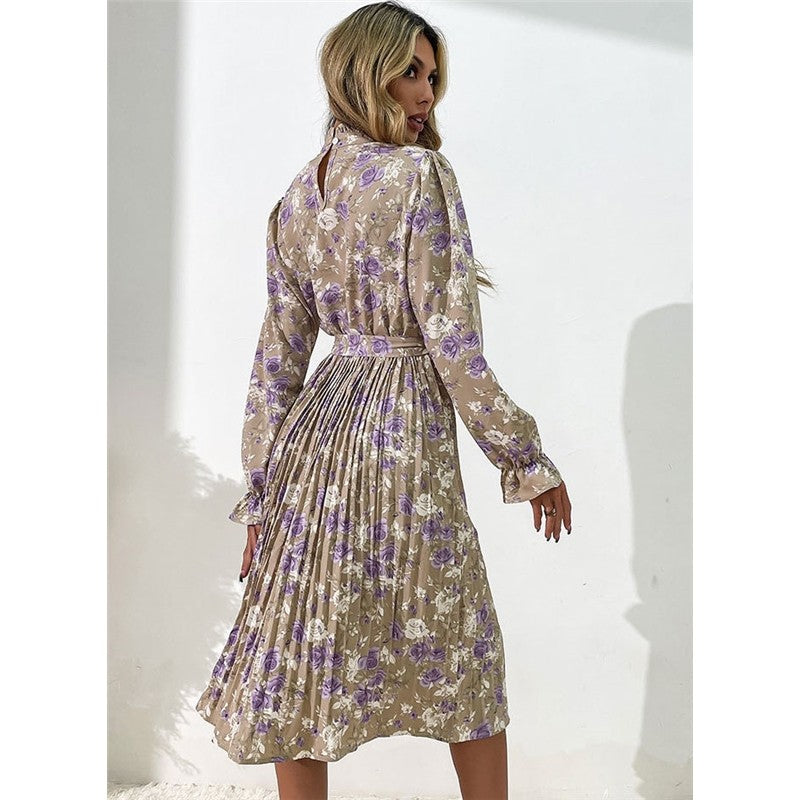 Printed Belted Half Turtleneck Dress With Petal Sleeves