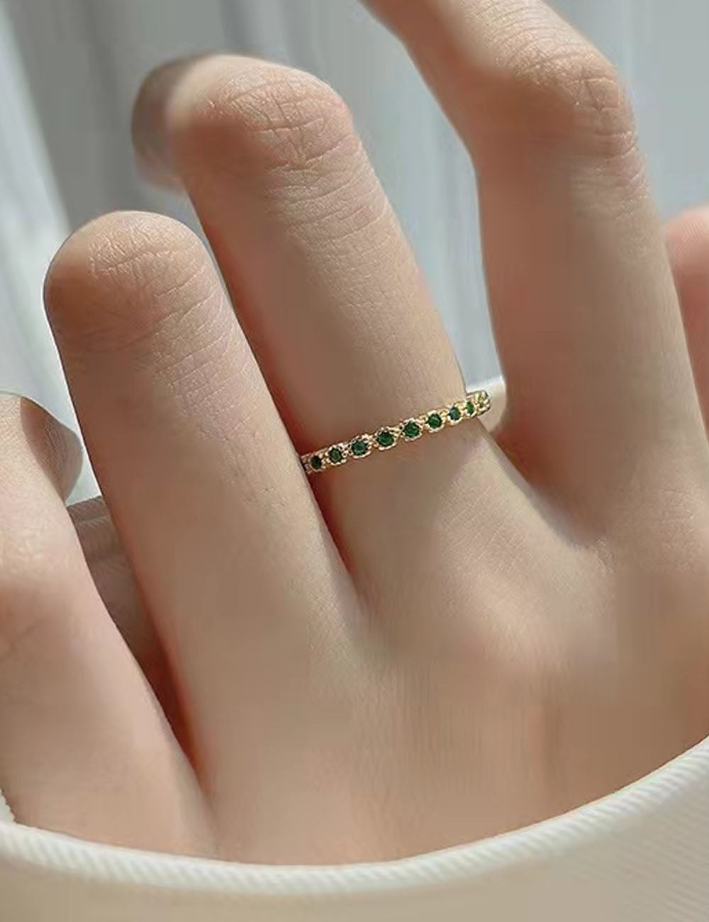 Emerald Rhinestone Open Adjustable Slim Ring