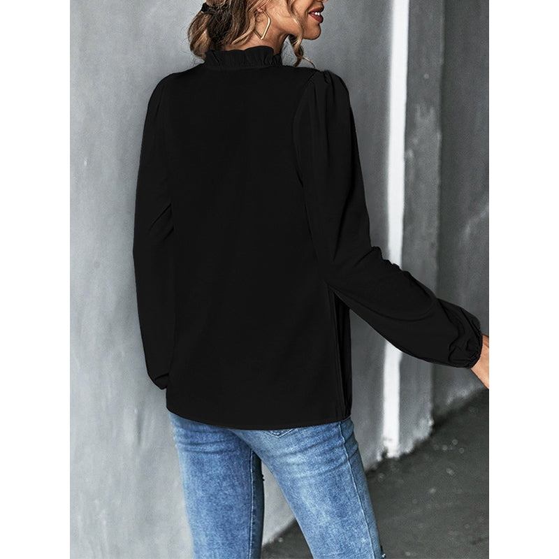 Long Sleeves Loose Ruffled Solid Color V-Neck Blouses&Shirts Tops