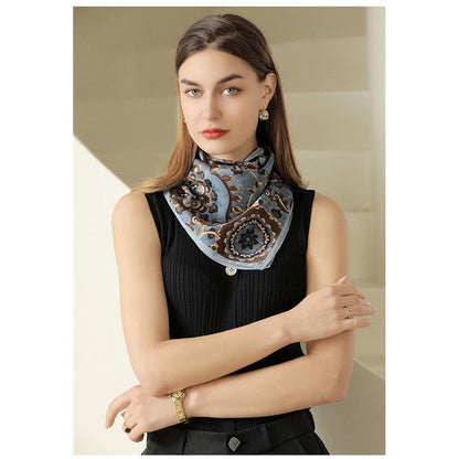 Floral Print Square Silk Imitation Scarf
