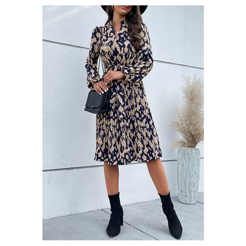 Pleated Printed Belted V-Neck Long-Sleeved Dress