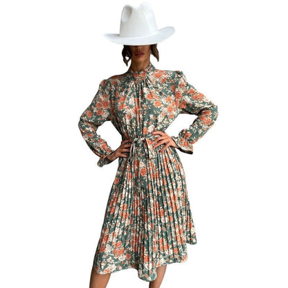 Printed Belted Half Turtleneck Dress With Petal Sleeves