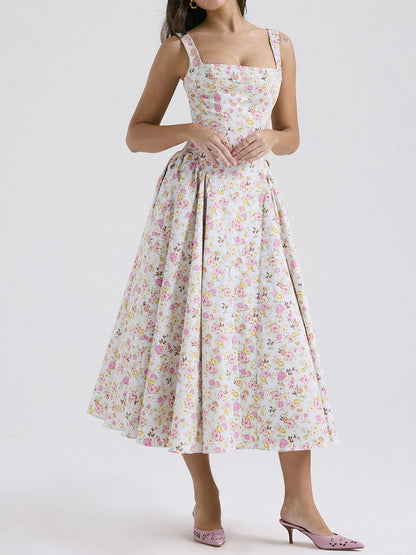 Flower Print Square Collar Spaghetti Dress