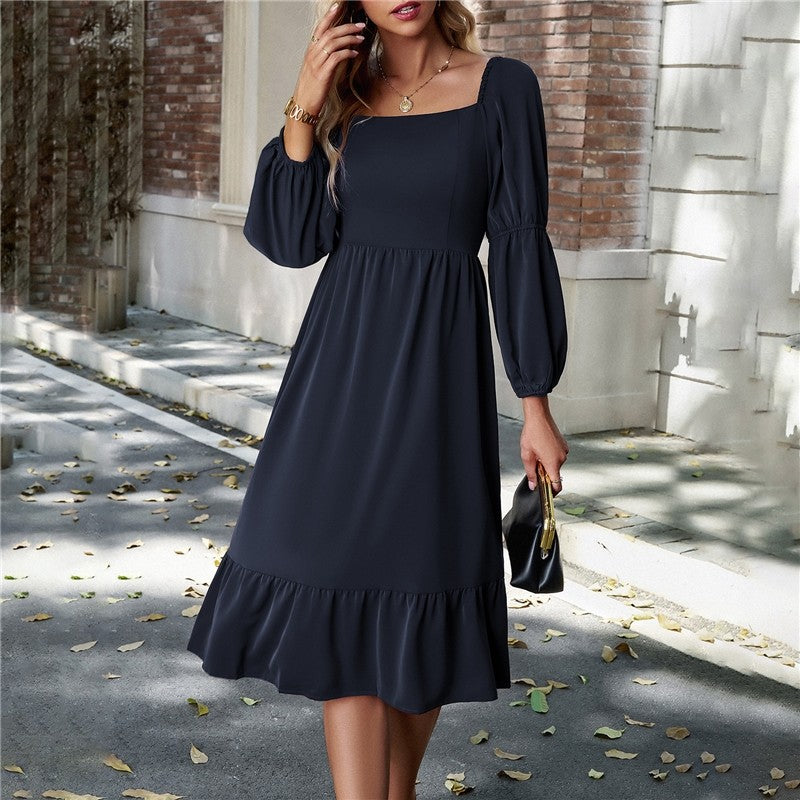 Solid Color Square Neck Ruffle Skirt Waisted Long-Sleeved Dress