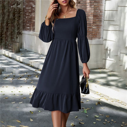 Solid Color Square Neck Ruffle Skirt Waisted Long-Sleeved Dress