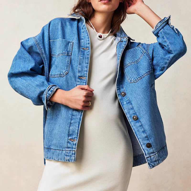 Trendy Solid Color Side Slit Denim Jacket
